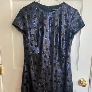Ralph Lauren navy blue + black polka dot sequined cocktail dress. Size 10